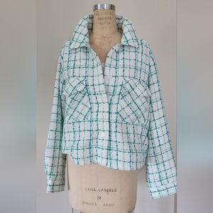 NWT Express Green and White Plaid Crop Shacket